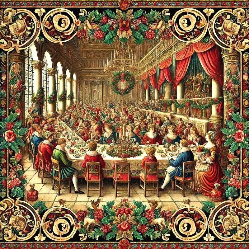 Illustrated Renaissance Christmas feast scene with banquet hall, guests, holly border and ornate decorations