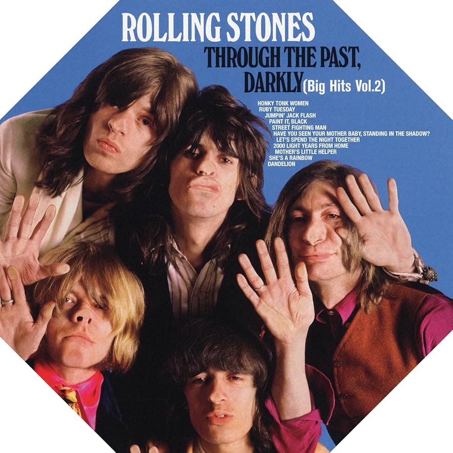 Vintage Rolling Stones album cover with five band members posing in a diamond-shaped layout