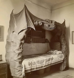 Unique bed frame shaped like a bat or dragon with spread wings in a room, sepia photo