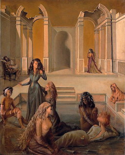 Surrealist painting showing figures in classical courtyard with columns and archways in warm golden and brown tones