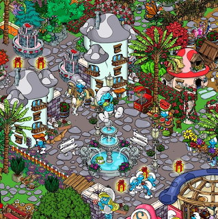 Colorful isometric Smurfs village with mushroom houses, blue characters, fountains, and tropical plants