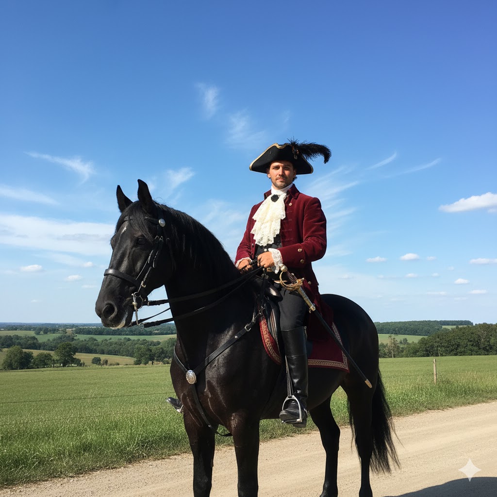 Man in period costume and tricorn hat sitting on a black horse on a rural road