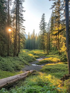 Sunlit forest stream winding through tall conifers with golden wildflowers and a fallen log