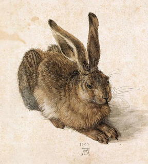 Detailed painting of a brown hare resting on a pale background