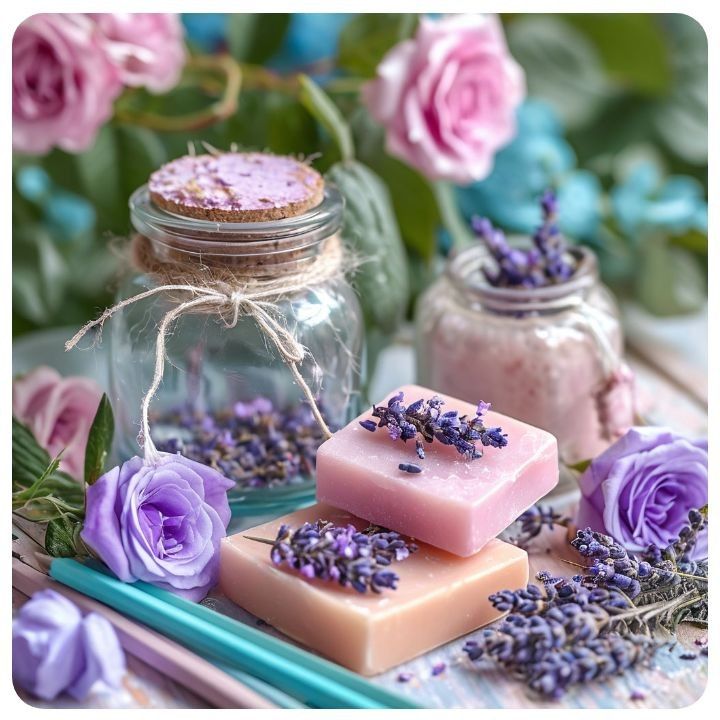 Handmade pink soap bars with dried lavender, glass jars, and purple roses