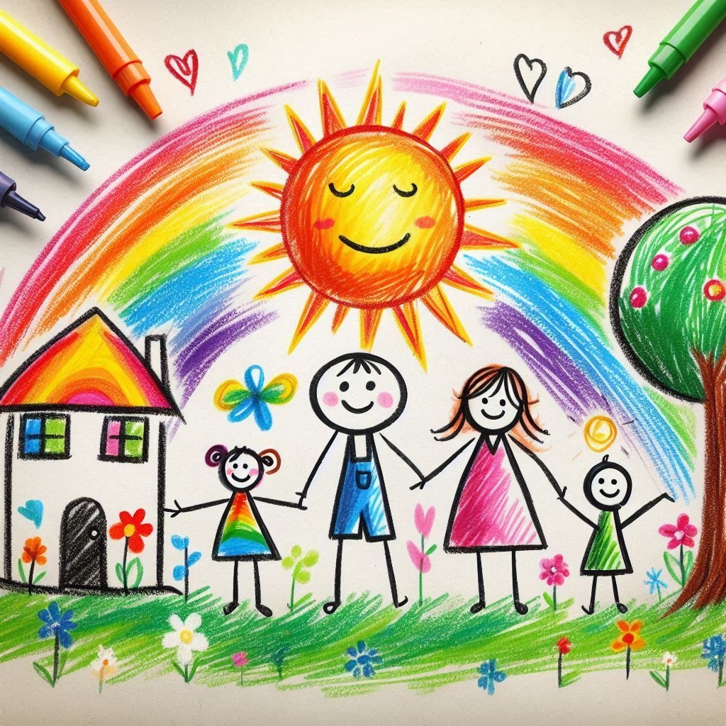 Child's crayon drawing of happy family under rainbow and sun with house and flowers