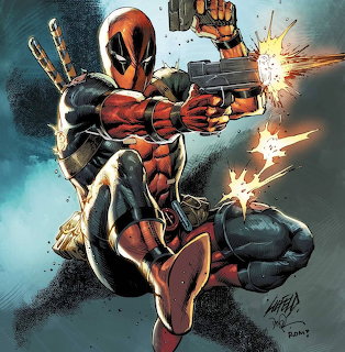 Deadpool character illustration firing dual pistols with explosions and debris in dynamic action pose