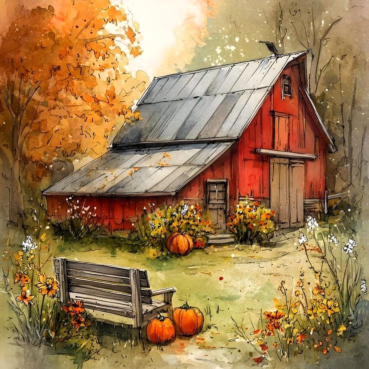 Watercolor-style red barn with pumpkins, flowers, bench, and orange autumn trees