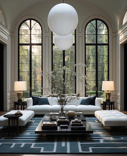 Elegant white living room with tall arched windows, sofas, lamps, and a modern coffee table
