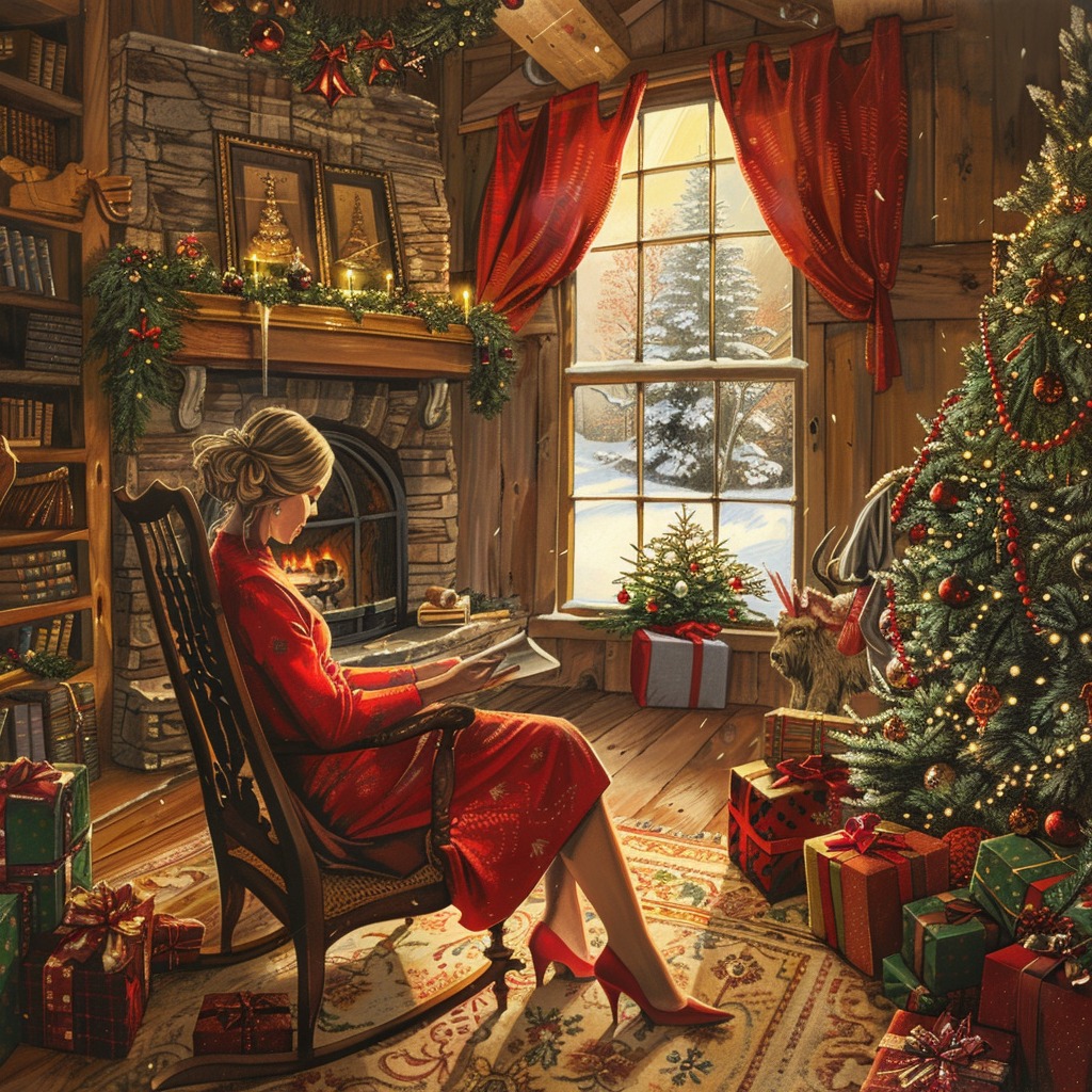 Woman Reading by Christmas Tree