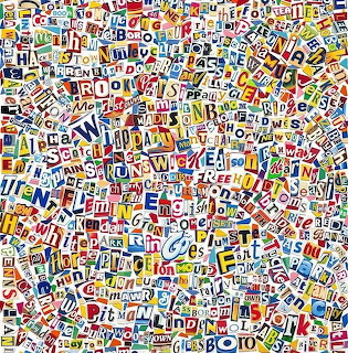 Collage of colorful magazine letter cutouts forming a dense pattern
