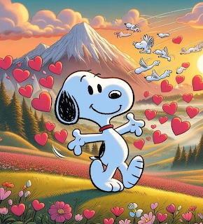 Snoopy dancing joyfully in colorful landscape with mountain, sunset, floating hearts and butterflies