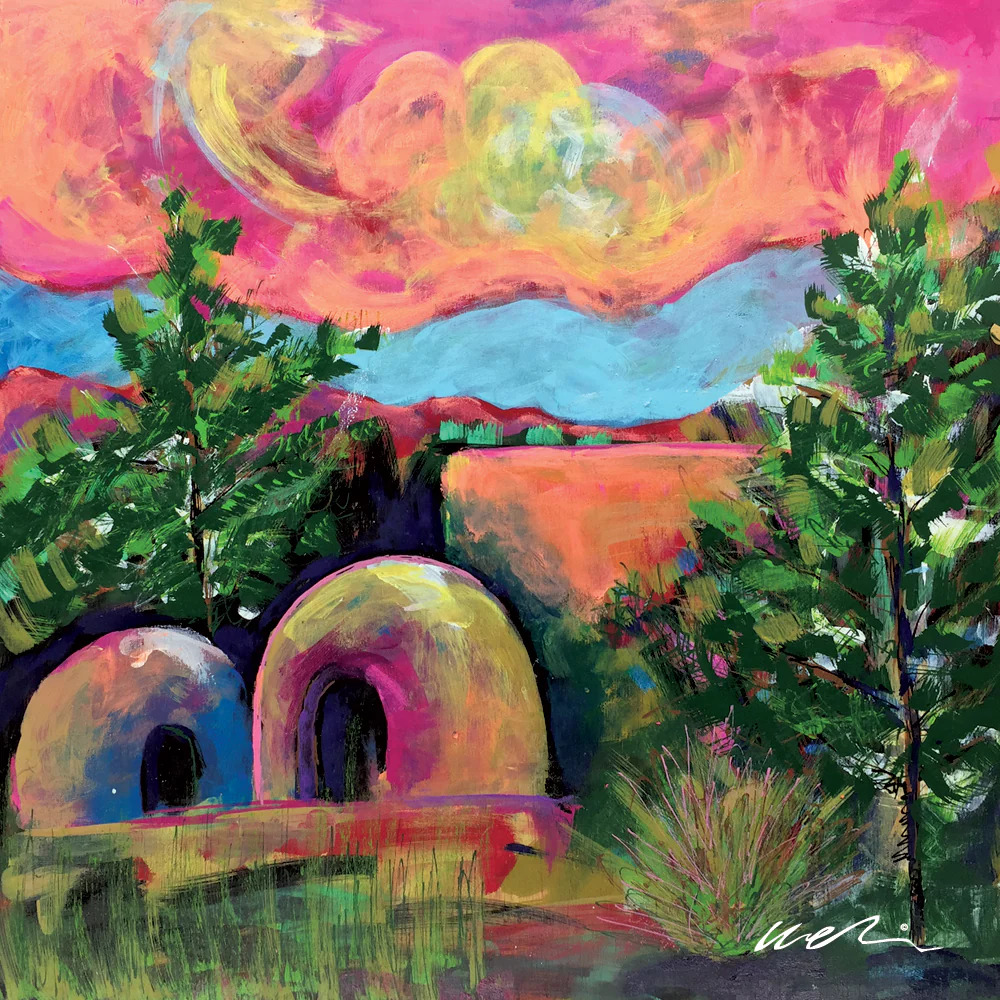 Colorful painting of adobe building with dramatic swirling sunset sky over desert landscape