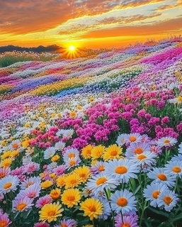 Rows of colorful flowers in a field at sunset with dramatic orange sky