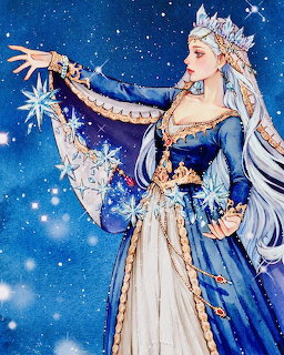 Fantasy illustration of ice queen in blue gown and crown reaching for glowing star in snowy night sky