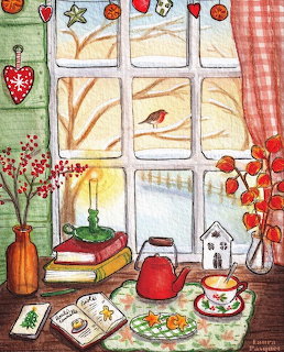 Watercolor painting of a Christmas windowsill with books, red teapot, candle, and snowy scene outside