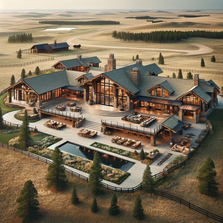 Aerial view of a large rustic mansion with patios, gardens, and open fields around it