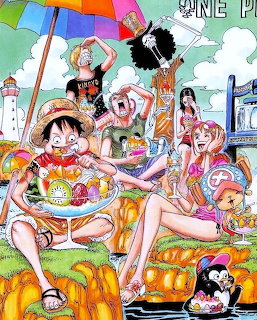 One Piece anime characters gathered in a cheerful summer scene with food and pumpkins