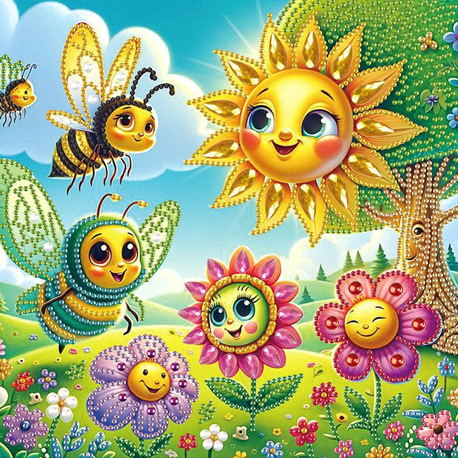 Colorful cartoon bees, smiling sun, and bright flowers in a cheerful meadow scene