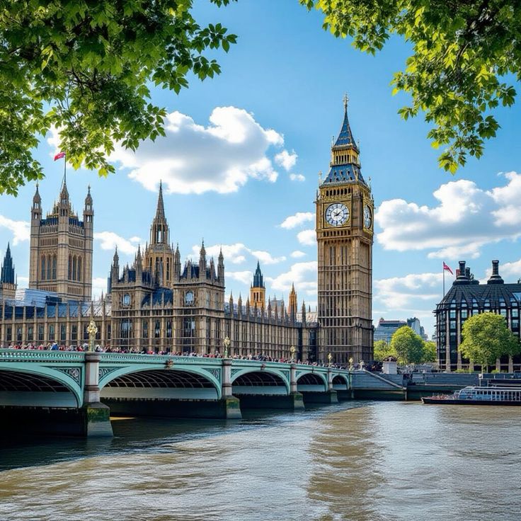 Big Ben and the Houses of Parliament beside Westminster Bridge over the River Thames in London