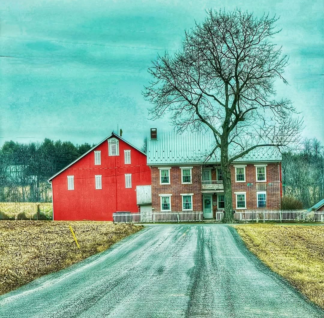Red barn and brick farmhouse beside a country road with a leafless tree