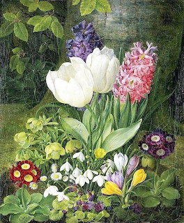 Classical oil painting of white tulips, hyacinths, snowdrops, and primroses in a garden setting