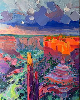Colorful expressionist painting of desert mesas with dramatic sky in bold orange, purple, blue, and green brushstrokes