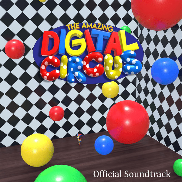 3D rendered Amazing Digital Circus logo with colorful letters and floating balls on black and white checkered backdrop