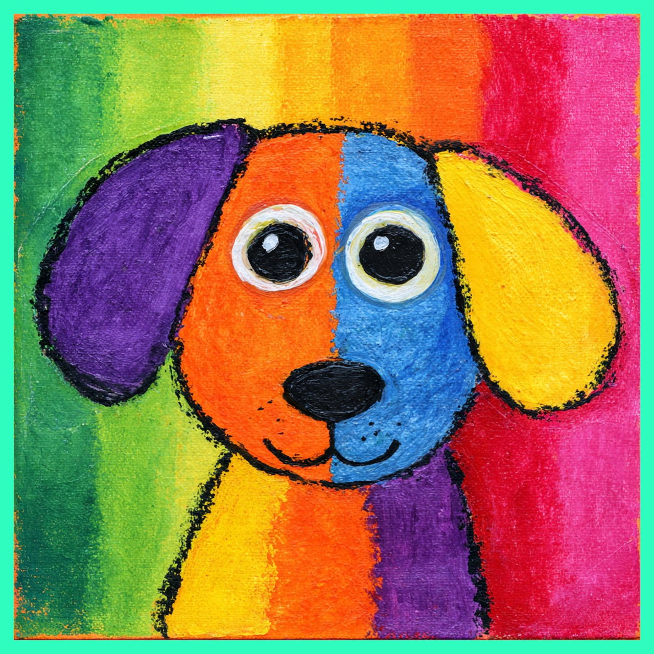 Colorful cartoon dog with rainbow face split into orange, blue, yellow, and purple sections on gradient background