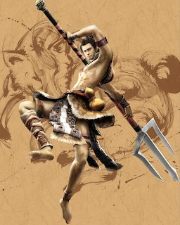 Maeda Toshiie character from Sengoku Basara 4, shirtless warrior in mid-air pose with spear and trident