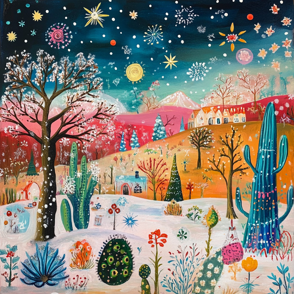 Whimsical illustration of a desert village with cacti, colorful trees, and decorative snowflakes in a starry sky