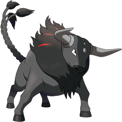 Tauros Paldea Blaze form, a dark bull Pokemon with fire mane