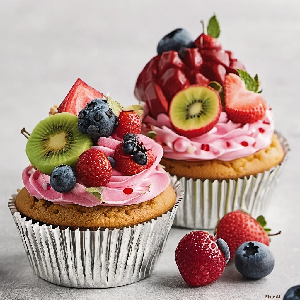 Two cupcakes with pink frosting topped with strawberries, blueberries, kiwi, and watermelon in striped wrappers