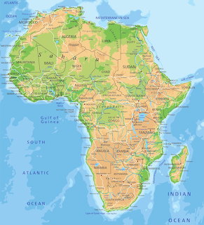 Physical map of the African continent with topographic coloring showing countries, rivers, and oceans