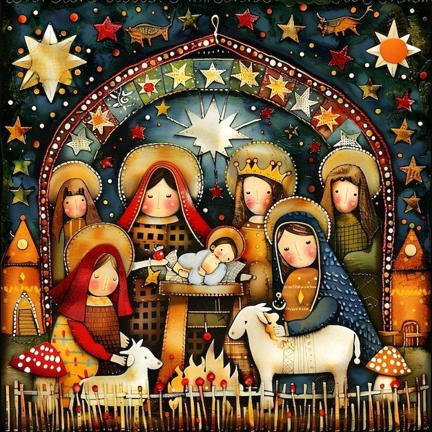 Colorful folk-art nativity scene with Mary, Joseph, baby Jesus, sheep, angels, stars, and candles