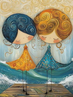 Stylized illustration of two girls with swirling hair and dresses standing on a pier over ocean waves