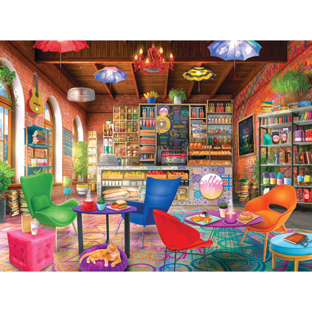 Colorful illustration of a cozy cafe with bright chairs, bookshelves, hanging umbrellas, and eclectic decor