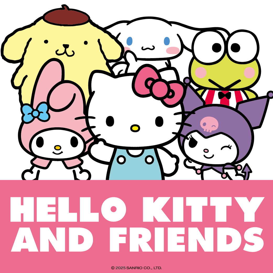 Cartoon image of Hello Kitty and friends with a pink Hello Kitty and Friends banner