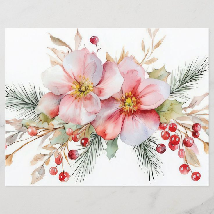 Watercolor painting of pink flowers with red berries and evergreen branches in a festive arrangement