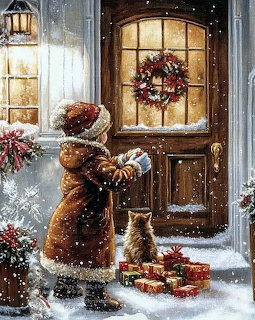 Child and Cat Christmas Doorstep