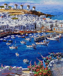 Oil painting of Mykonos, Greece, with white buildings, hilltop windmills, and boats in a blue harbor