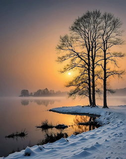 Two bare trees on snowy shore beside misty lake at sunrise with golden sky