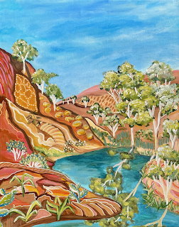Colorful painting of Australian outback waterhole with red cliffs, gum trees and blue sky