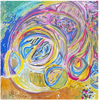 Abstract painting of swirling colorful shapes with blue, pink, yellow, and gold brushstrokes