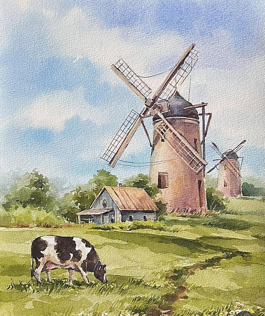 Painting of windmills, a cottage, and a grazing cow in a green countryside