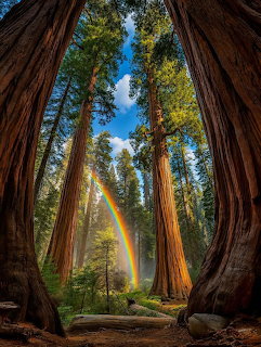 Rainbow of light streaming between tall redwood tree trunks in a forest with blue sky visible above