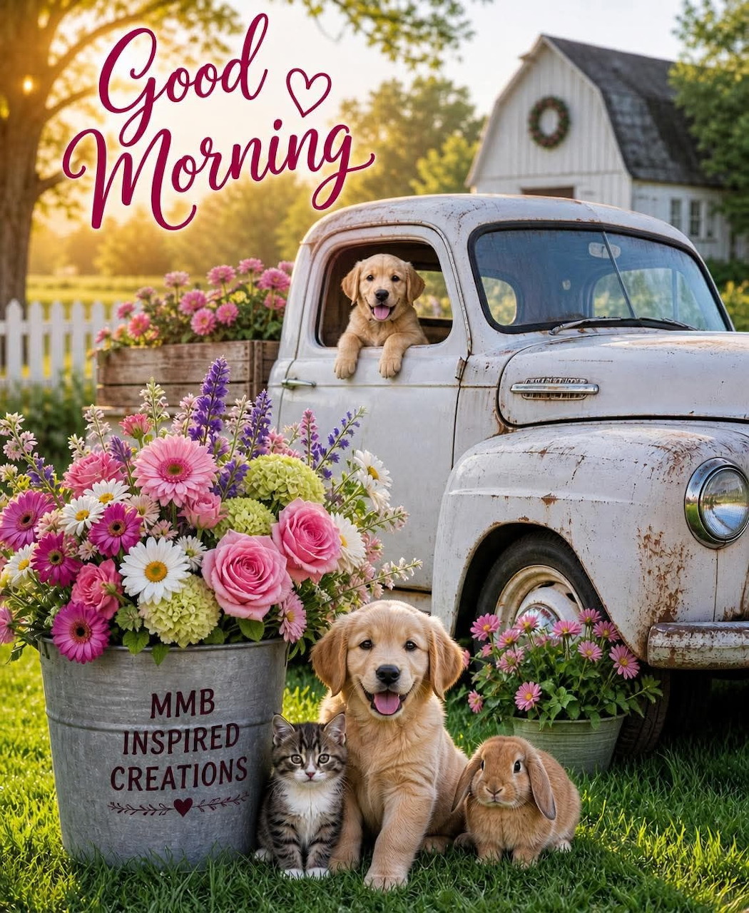 Golden retrievers, kitten and bunny beside a vintage white truck with pink and purple flowers