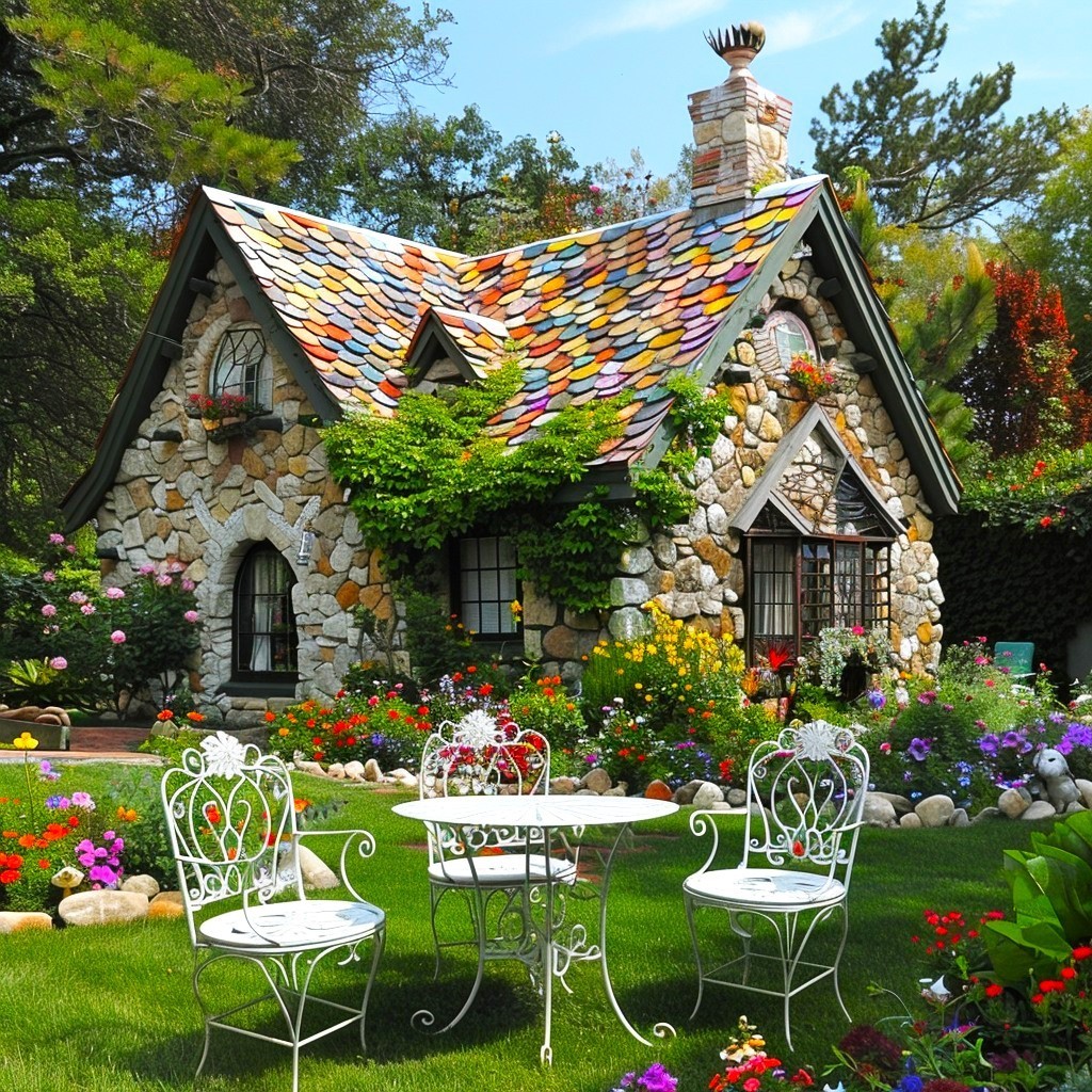 Stone cottage with multicolored roof tiles, flowering gardens, and white garden furniture on green lawn