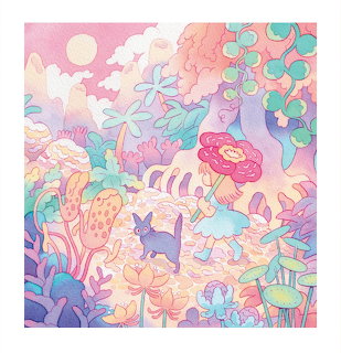 Pastel illustration of girl with cats in fantastical alien landscape with flowers and floating elements