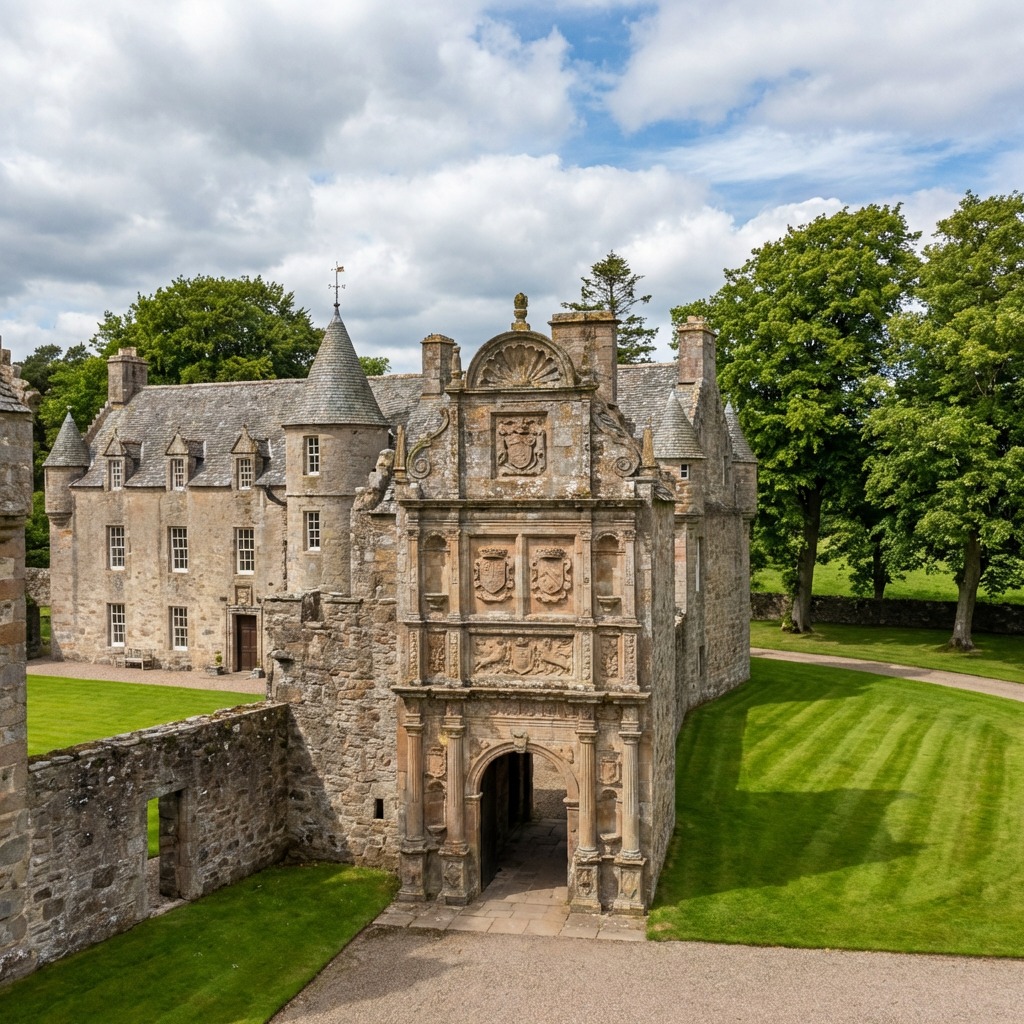 Ornate stone gatehouse of Tolquhon Castle with turrets and carved facade surrounded by green lawn and trees